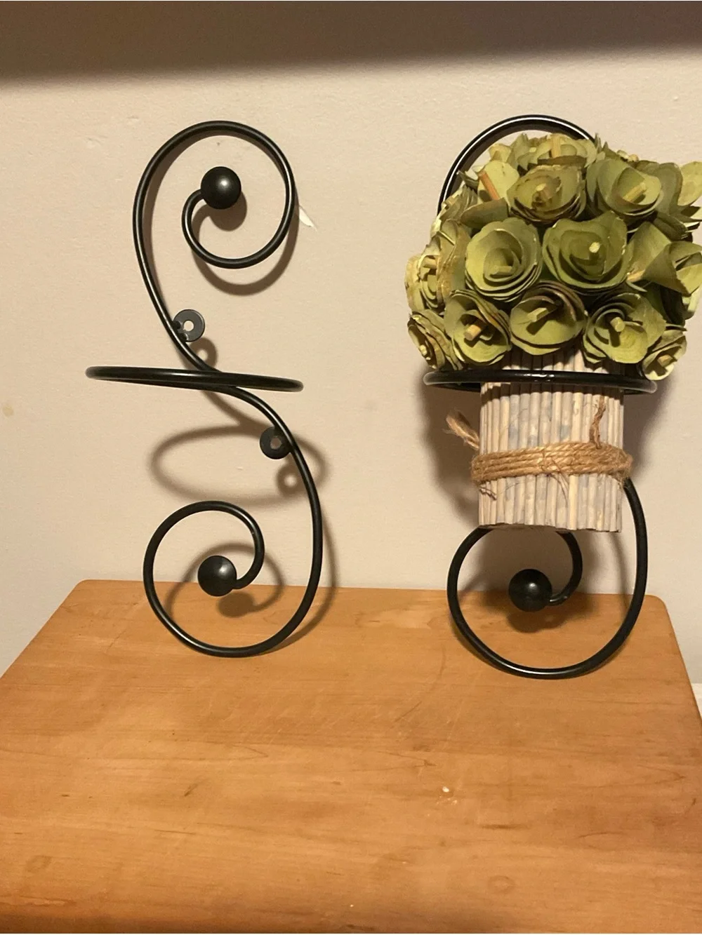 Olive Green Rose Wall Sconce Pair with Twine and Black Scroll Hangers